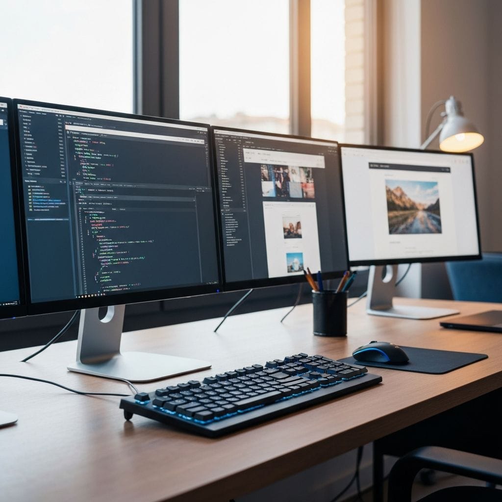 A desk at night with three monitors, one showing code and two showing finished websites, beside a backlit keyboard.